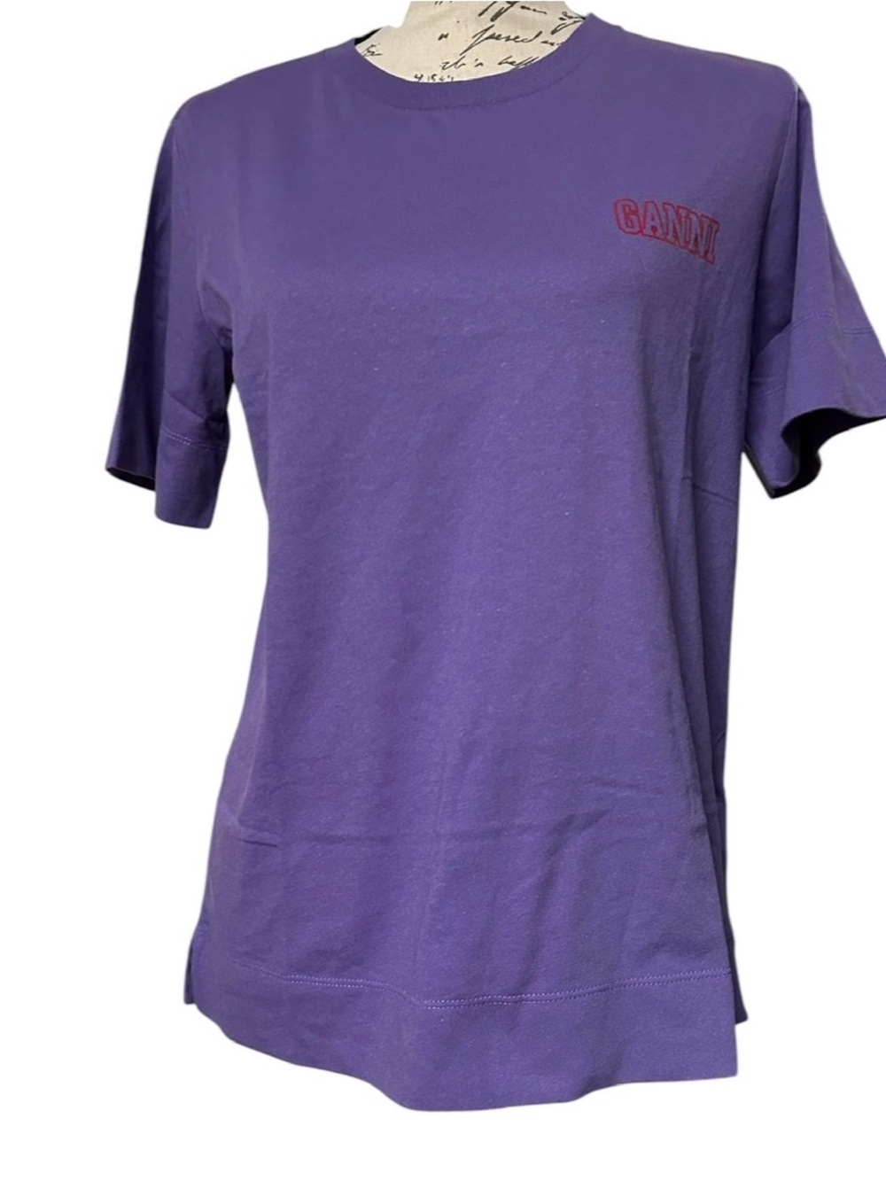 Ganni Women's Purple Printed Graphic Short Sleeve Crewneck T-Shirt Sz XS NWT